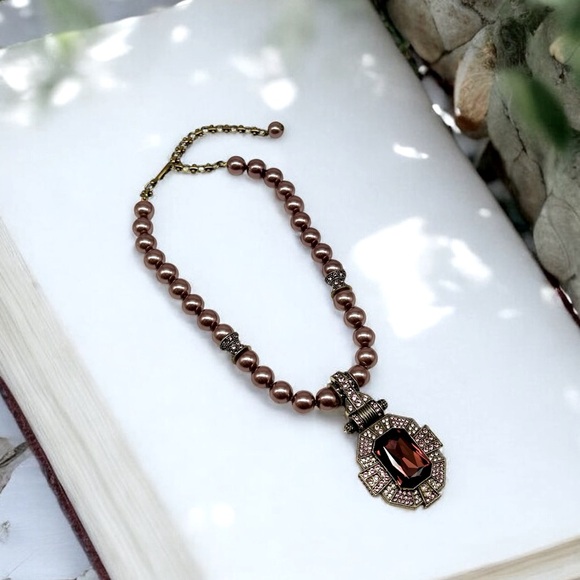 💎 Heidi Daus Dazzling Art Deco Mauve Pearl Pendant Crystal Necklace 17-21” EUC 💎 - Picture 2 of 16